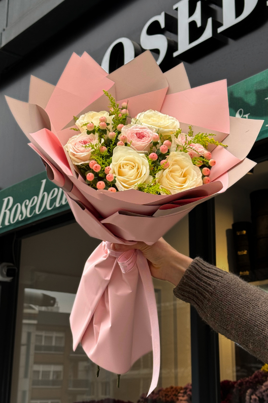 Soft Krem Pembe Gül Buketi