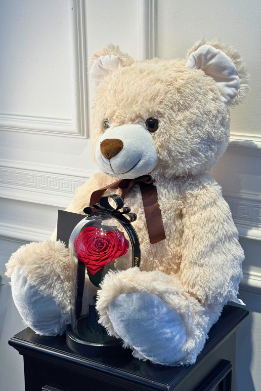 80 cm Krem Peluş Ayıcık Kalpli Solmayan Gül