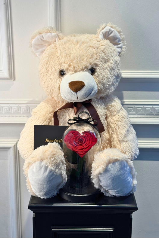 80 cm Krem Peluş Ayıcık Kalpli Solmayan Gül