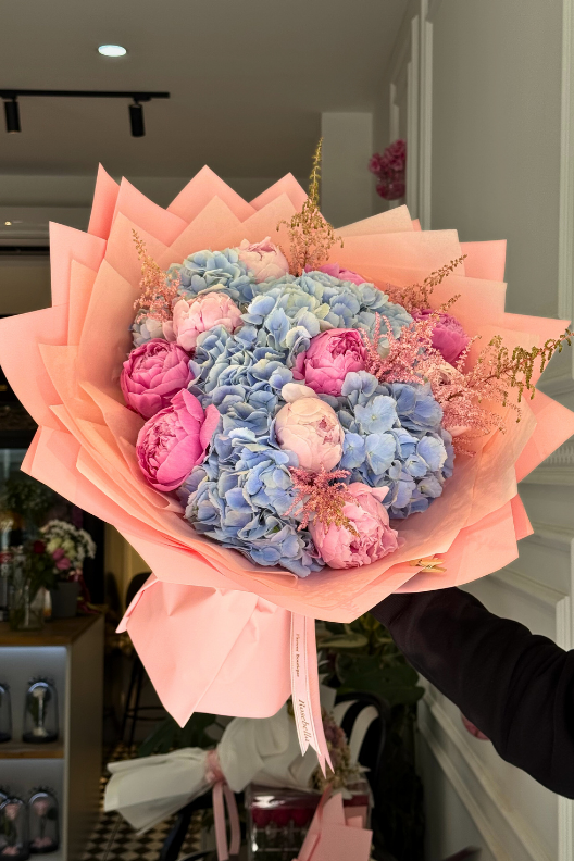 Mavi Ortanca Pembe Şakayık Buketi